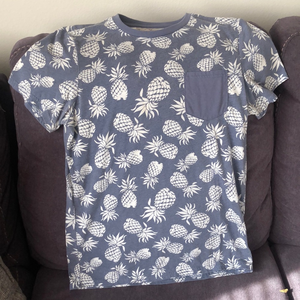 Charles and a half pale blue T-shirt with white pineapple